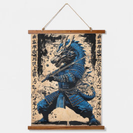 Eastern Blue Dragon Samurai Warrior - Japanischer  Wandteppich Mit Holzrahmen