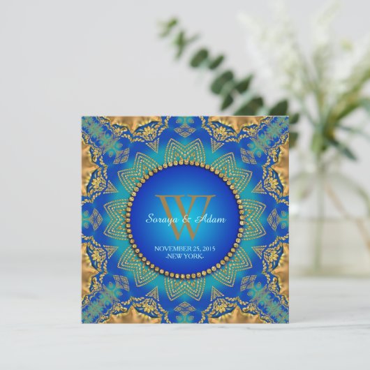 Eastern Blue Gold Satin Lace Monogram Einladung (Stehend Vorderseite)