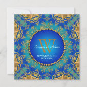 Eastern Blue Gold Satin Lace Monogram Einladung (Vorderseite)