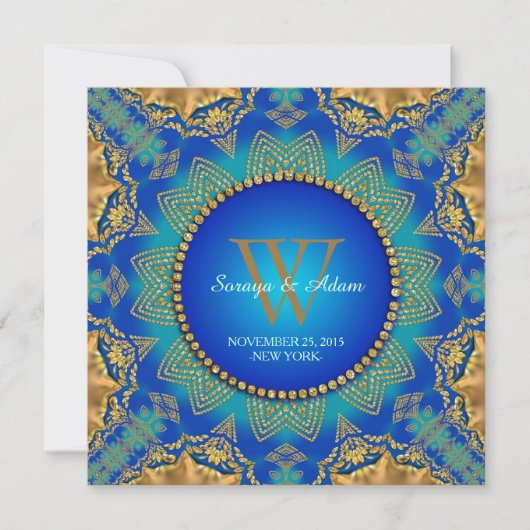 Eastern Blue Gold Satin Lace Monogram Einladung (Vorderseite)