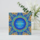 Eastern Blue Gold Satin Lace Monogram Einladung (Stehend Vorderseite)