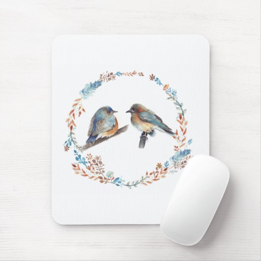 Eastern Bluebird Couple Floral Wreath Mousepad (Mit Mouse)