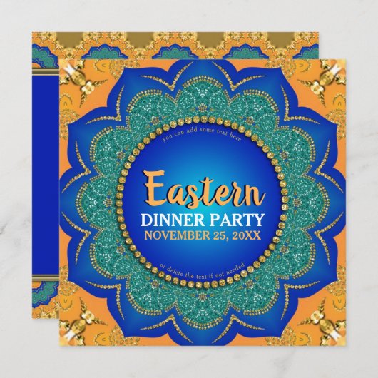 Eastern Spice Orange Royal Blue Gold Dinner Party Einladung (Vorne/Hinten)