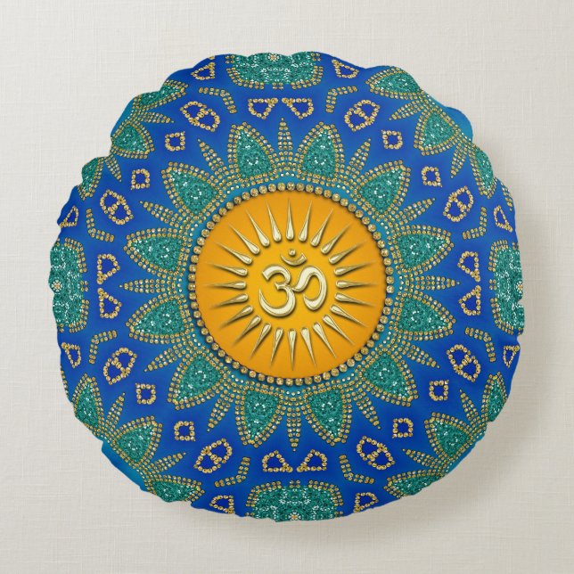 Eastern Sun Royal Blue Aquamarin OM Meditation Rundes Kissen (Vorderseite)