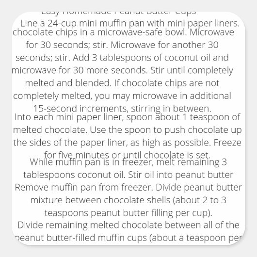 Easy hausgemachte Peanut Butter Cups Rezept für Ki Quadratischer Aufkleber (Vorderseite)