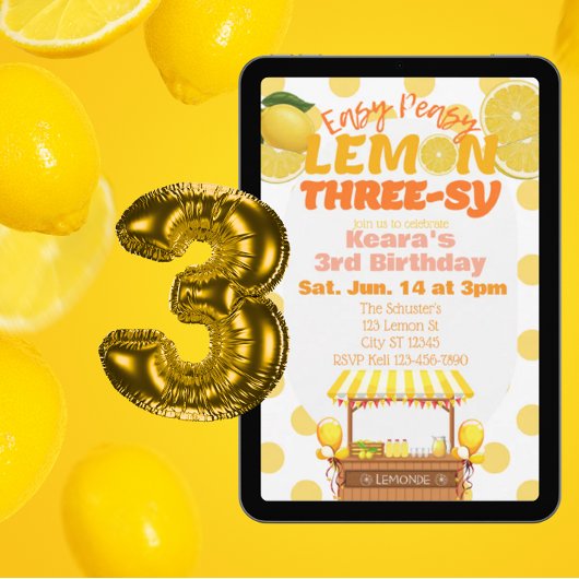 Easy Peasy Lemon Three-sy, Lemon 3rd Birthday Einladung