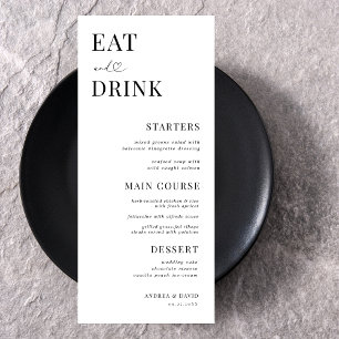 Eat and Drink Heart Script Minimal White Wedding Menükarte