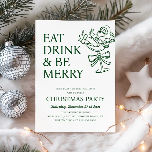Eat Drink and Be Merry Fun Santa Christmas Party Einladung