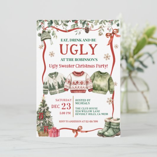 Eat Drink and Be Ugly Sweater Christmas Party Einladung (Stehend Vorderseite)