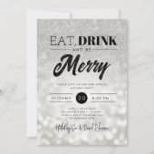 Eat Drink B Merry Silver Bokeh Holiday Xmas Party Einladung (Vorderseite)