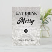 Eat Drink B Merry Silver Bokeh Holiday Xmas Party Einladung (Stehend Vorderseite)