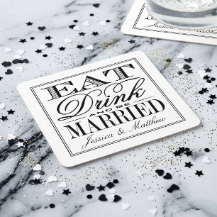 Eat, Drink & Be Married Moderne Hochzeit Rechteckiger Pappuntersetzer