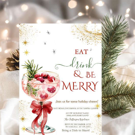Eat Drink & Be Merry Cocktail Red Bow Invitation Einladung