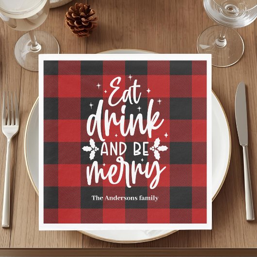 Eat Drink & Be Merry Red Buffalo Plaid Christmas Serviette