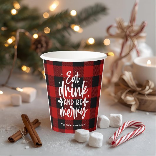 Eat Drink & Be Merry Red Buffalo Plaid Pappbecher