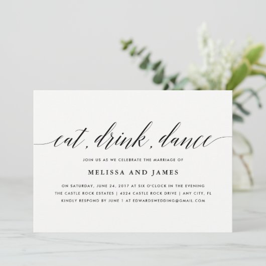 Eat, Drink, Dance Wedding Invitation Einladung (Stehend Vorderseite)