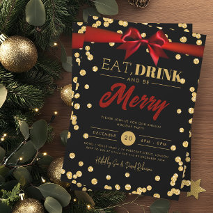Eat Drink Gold Black Glitzer Holiday Xmas Bow Einladung