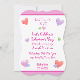 EAT DRINK LOVE Galentines Fun Watercolor Hearts Einladung