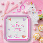 EAT DRINK LOVE Valentines Fun Watercolor Hearts Pappteller (Party)