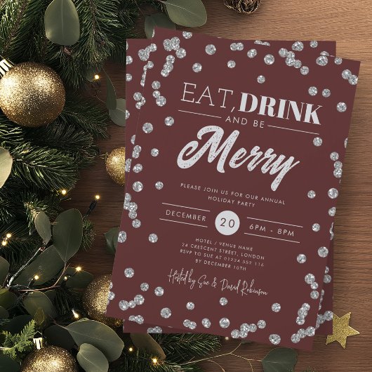 Eat Drink Merry Silver Burgundy Glitzer Holiday Einladung