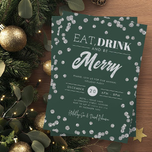 Eat Drink Merry Silver Green Glitzer Holiday Einladung