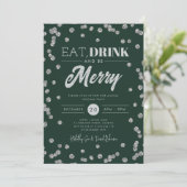 Eat Drink Merry Silver Green Glitzer Holiday Einladung (Stehend Vorderseite)