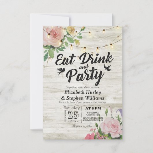 EAT Drink Party Rustikale Blumenstrauß Hochzeit Einladung (Vorderseite)