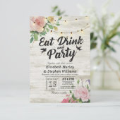 EAT Drink Party Rustikale Blumenstrauß Hochzeit Einladung (Stehend Vorderseite)