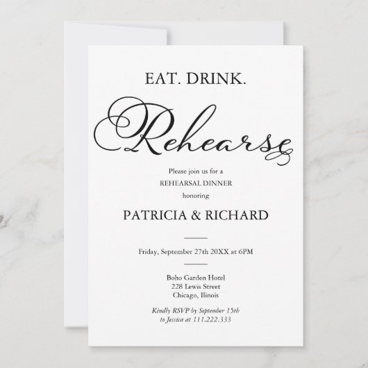 Eat Drink Rehearse Elegantes Script Probe Dinner Einladung (Vorderseite)