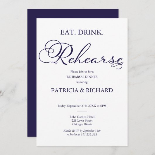 Eat Drink Rehearse Elegantes Script Probe Dinner Einladung (Vorne/Hinten)