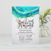 EAT Drink Verheiratet Hochzeit Aquamarinen Gold Ag Einladung (Stehend Vorderseite)