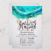 EAT Drink Verheiratet Hochzeit Aquamarinen Gold Ag Einladung (Vorne/Hinten)