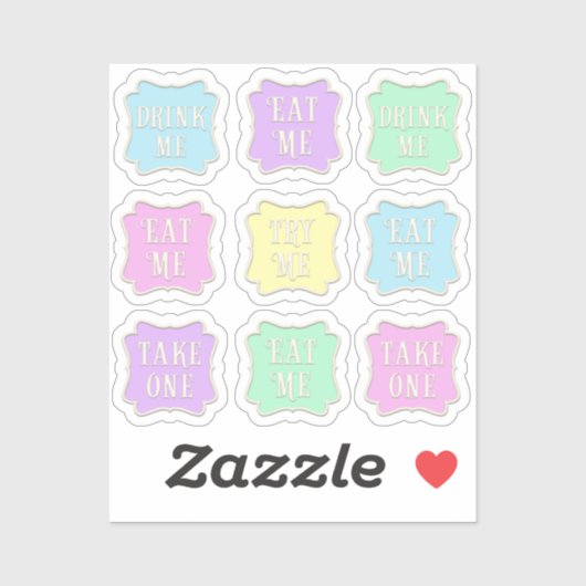 "Eat Me" "Drink Me" Wunderland Party Pastel Aufkleber (Blatt)