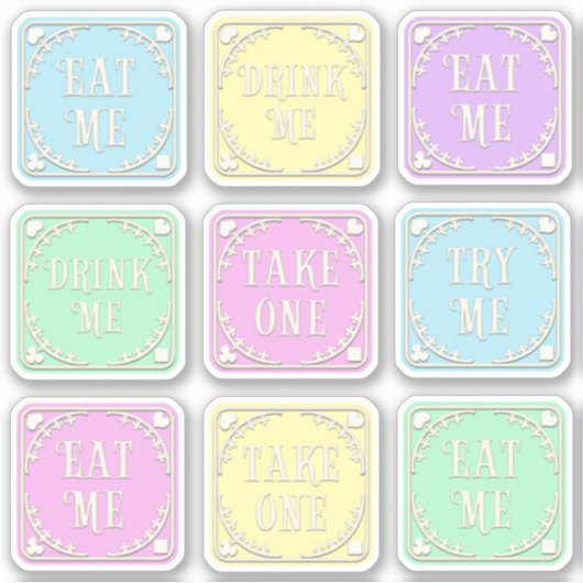 "Eat Me" "Drink Me" Wunderland Tee Party Whimsical Aufkleber (Vorderseite)