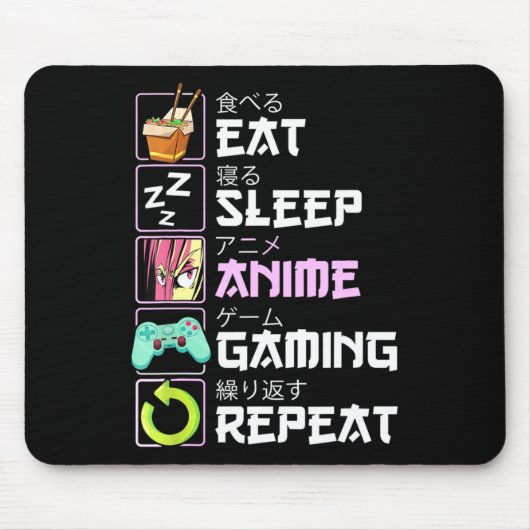Eat Sleep Anime Gaming Repeat Kawaii Otaku Anime Mousepad (Vorne)