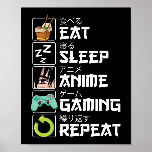 Eat Sleep Anime Gaming Repeat Kawaii Otaku Anime Poster (Vorne)