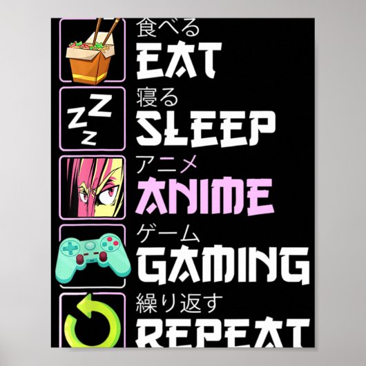 Eat Sleep Anime Gaming Repeat Kawaii Otaku Anime Poster (Vorne)