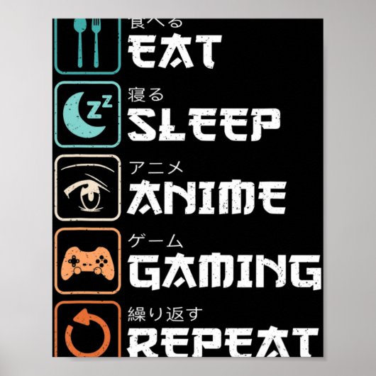 Eat Sleep Anime Gaming Wiederholung Spaß Otaku Gam Poster (Vorne)