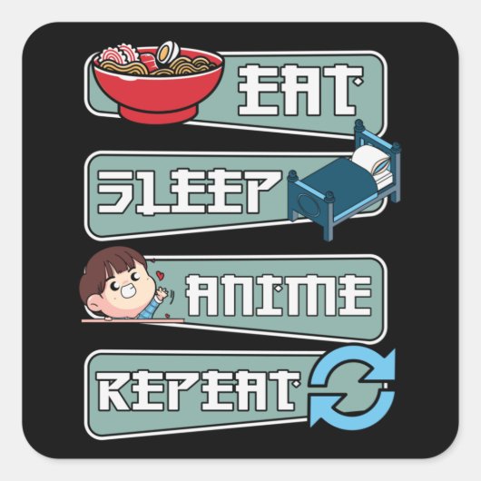 Eat Sleep Anime Repeat Japanese | Kawaii Design Quadratischer Aufkleber (Vorderseite)