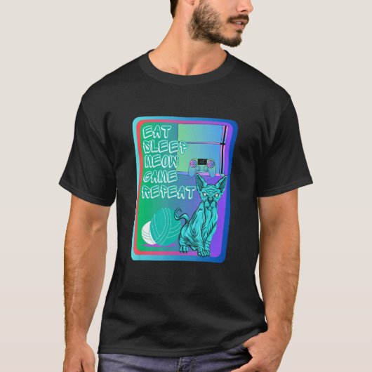 Eat sleep meow game repeat blue sphynx cat and con T-Shirt (Vorderseite)