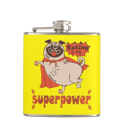 Eating is my superpower red cloak pug comic style flachmann (Vorderseite)