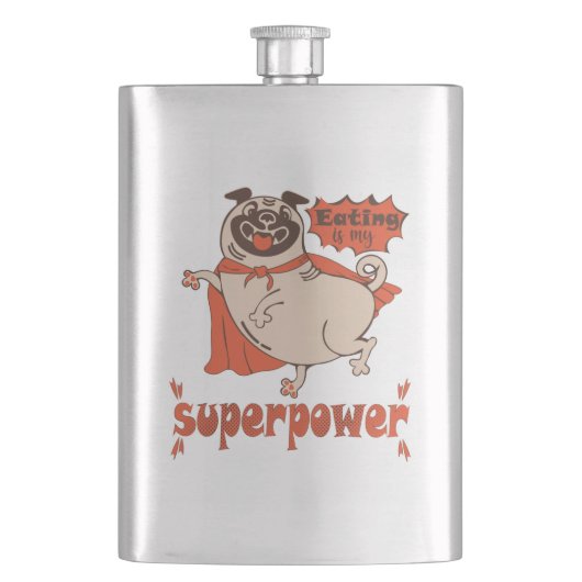 Eating is my superpower red cloak pug comic style  flachmann (Vorderseite)