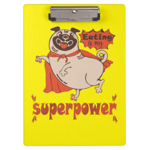 Eating is my superpower red cloak pug comic style klemmbrett