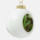 Eben errichtetes aber leeres Vogel-Nest in einem Keramik Kugel-Ornament (Links)