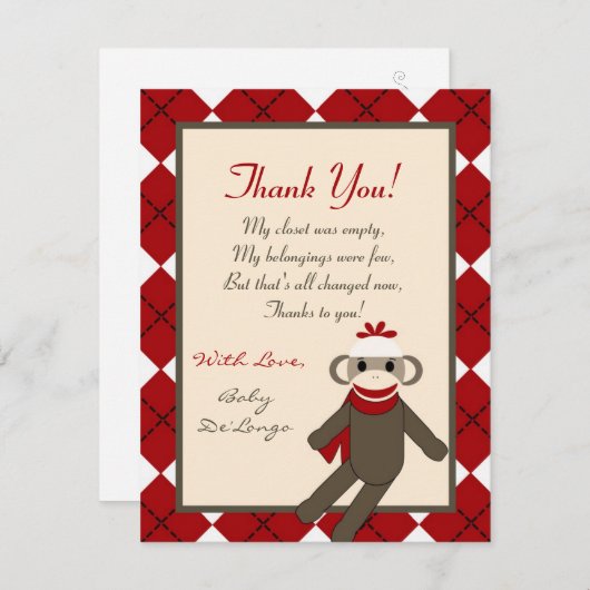 EBENE 4x5 danken Ihnen, rote Socken-Affe-Raute zu Dankeskarte (Vorne/Hinten)