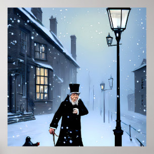 Ebenezer Scrooge Snowy Viktorianisch Street Poster
