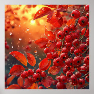 🍒 Ebereschen-Beeren-Wandkunst für rustikale Hütte Poster