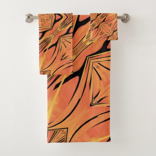 Ebony Black and Citrus Orange Tropical Art Design Badhandtuch Set (Insitu)