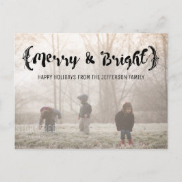 Ebony Elegant Sketched Merry & Bright Foto Feiertagspostkarte