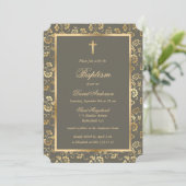 Ebony Gold Cross Script Blumentaufen Einladung (Stehend Vorderseite)